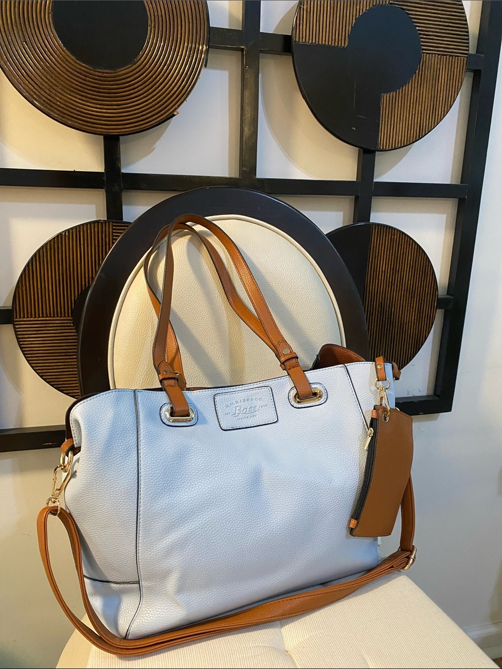 Boss White Pebbled Leather Tote with Tan Straps